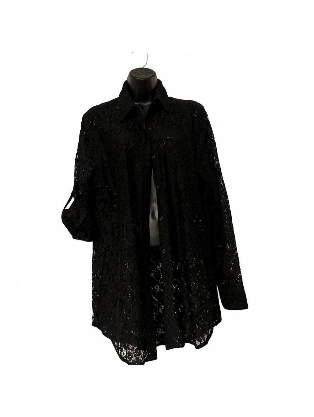 90s Calvin Klein Lace Sheer Black Button Down Tab Sleeve Oversized Tunic Shirt M